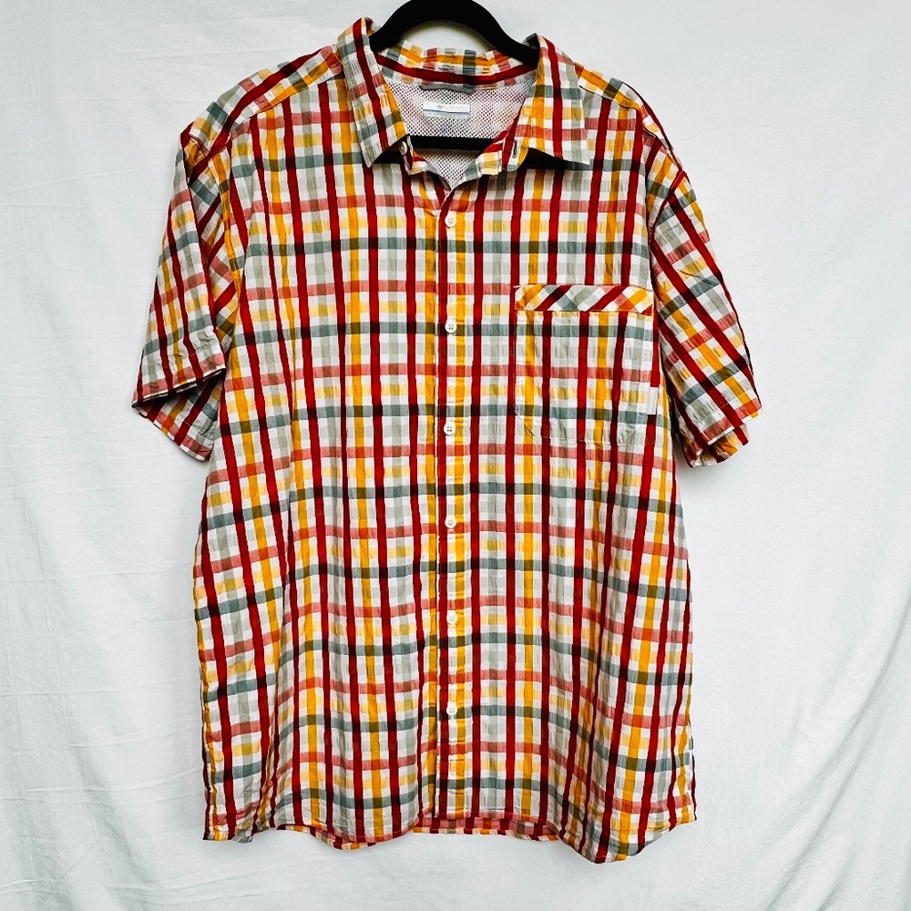 Columbia Red, Yellow & White Plaid Short Sleeve Button Front Shirt Size XXL